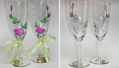 Роспись бокалов акриловыми красками. Ручная роспись бокалов на свадьбу по контуру, узорами, по трафаретам –, как сделать эксклюзивные аксессуары для молодоженов своими руками