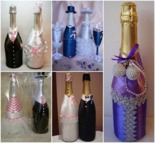 Как покрасить бутылку шампанского на свадьбу своими руками. Мастер-класс украшения бутылок атласными лентами